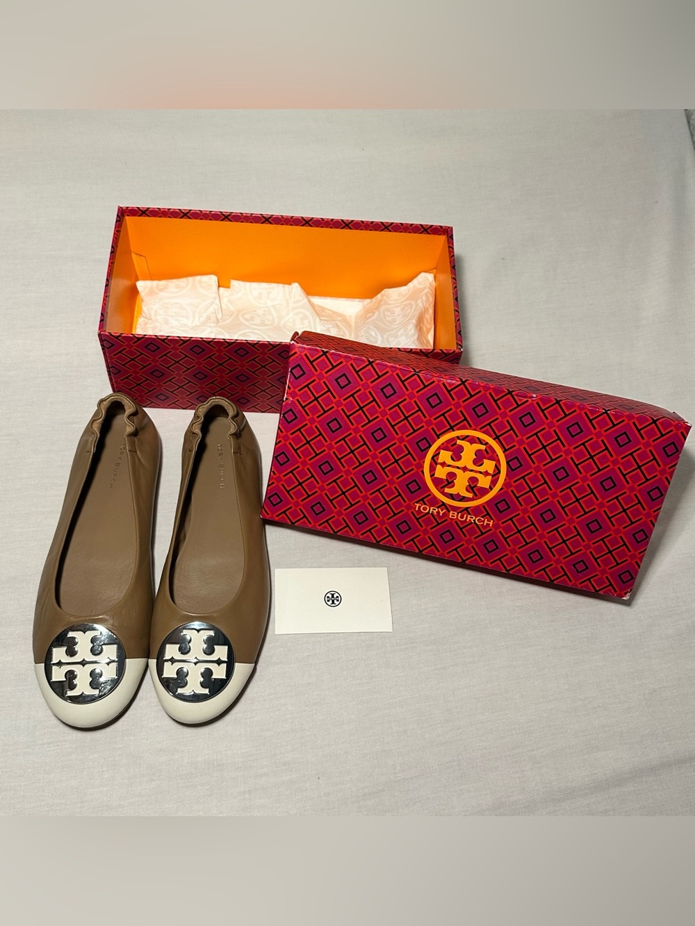 Tory Burch Brown and White Logo Cap-Toe Ballet Flats